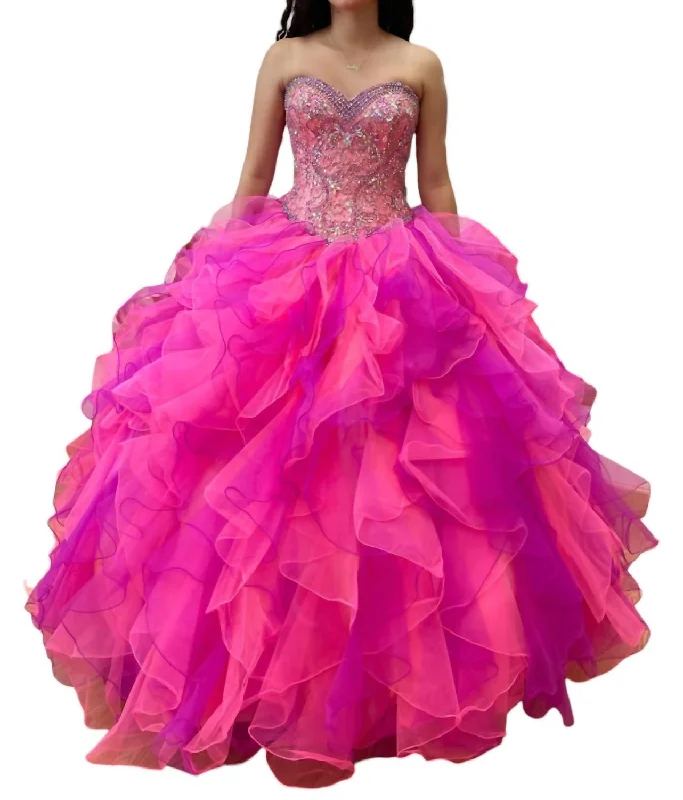 Evening Looks Strapless Quinceañera Dress In Hot Coral/ Magenta