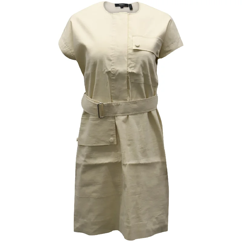 Classic Timeless Elegant Style Theory  Belted Utility Dress in Cream Linen