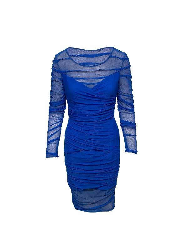 The Latest Trends Versace Ruched Mesh Dress in Blue Polyamide